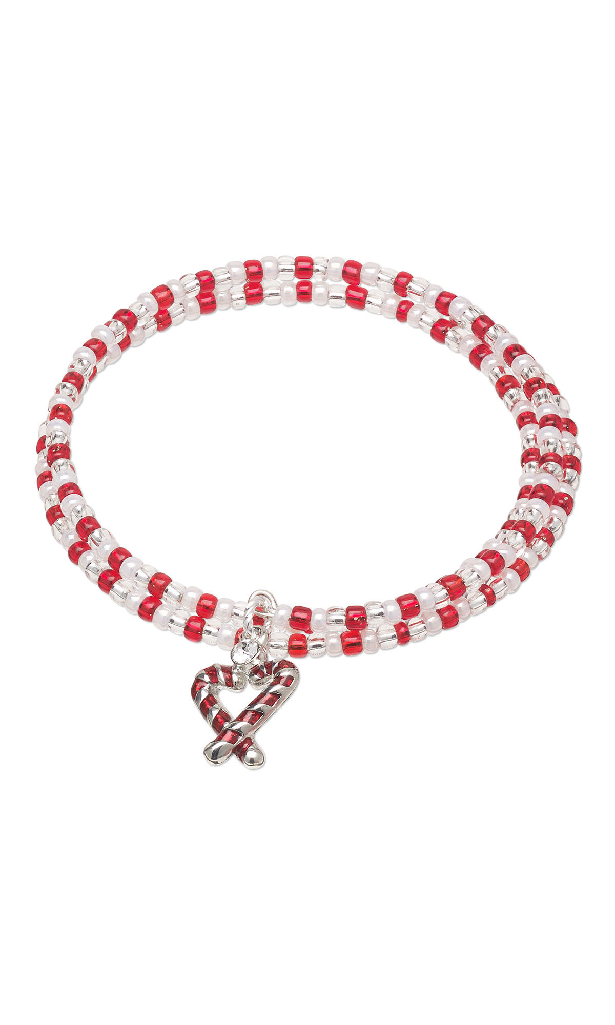 Bracelet with red and white beads and a candy cane charm