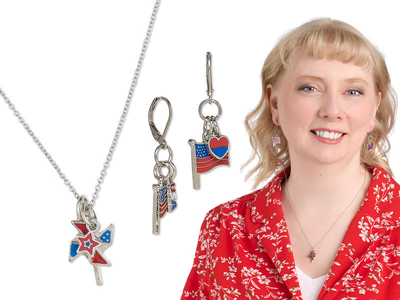 Model wearing earrings that are patriotic themed