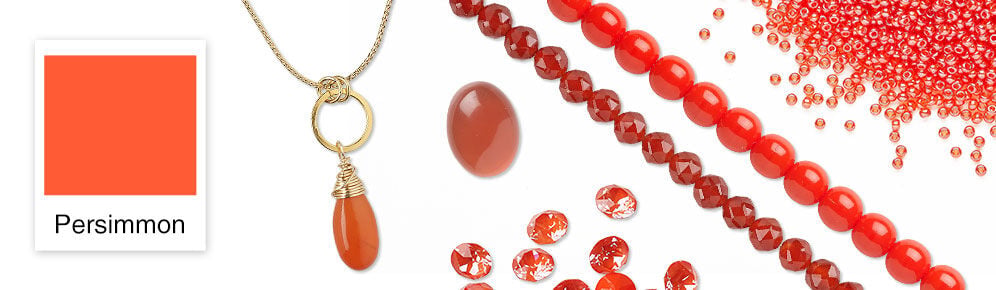 Color swatch, necklace and assorted beads in the Persimmon hue.