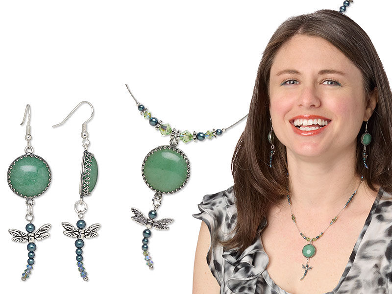 Model wearing a necklace made with cabochons in settings