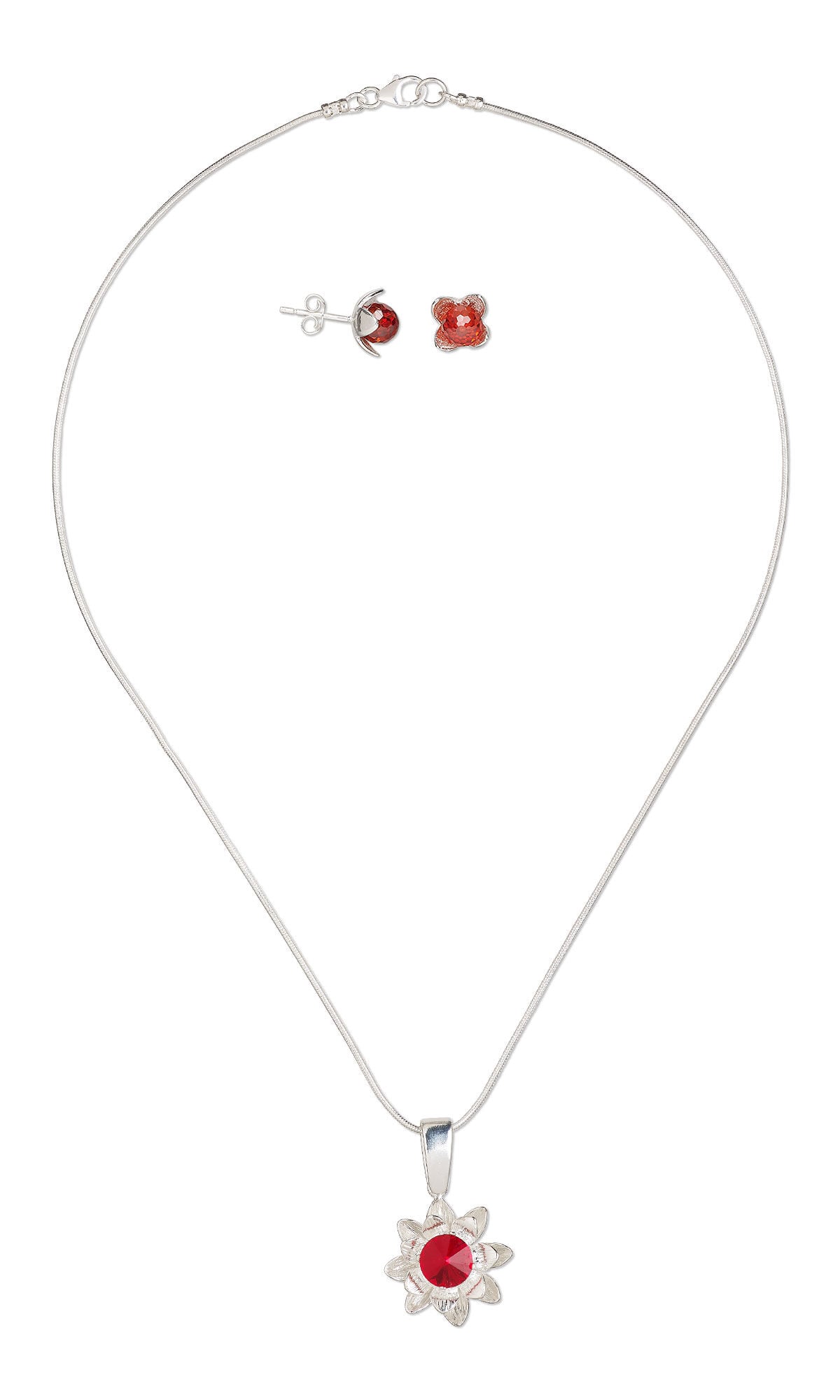 Design Idea R J 2 Q &ndash; Simple chain necklace has a silver flower pendant with a large, bright red crystal in the center. Stud earrings match.
