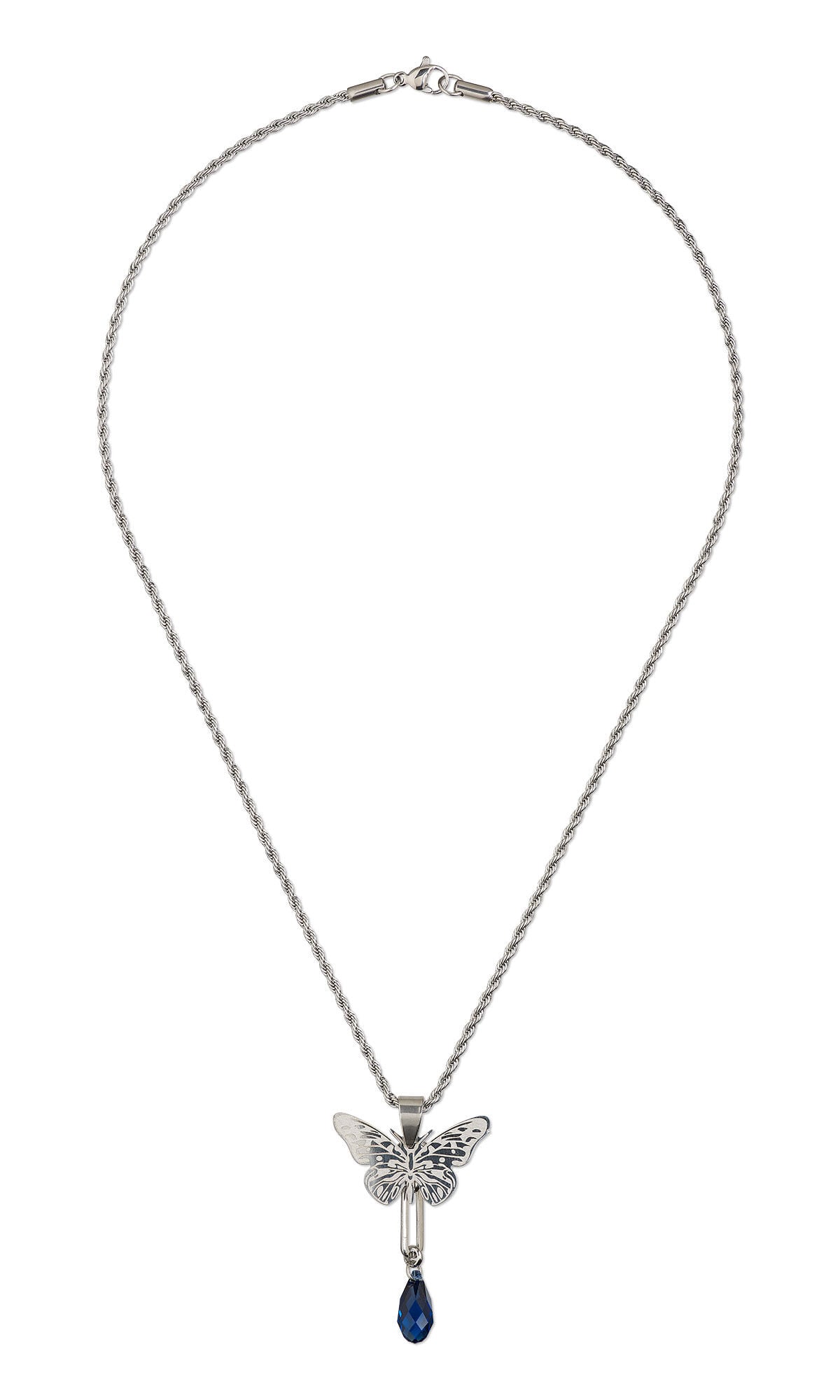 Design Idea S D 3 C &ndash; Necklace features a silver butterfly pendant with a blue crystal drop hanging below it.