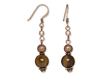 Design Idea J 9 1 4 - earrings with small pearly beads, larger textured gold beads and petrified wood beads
