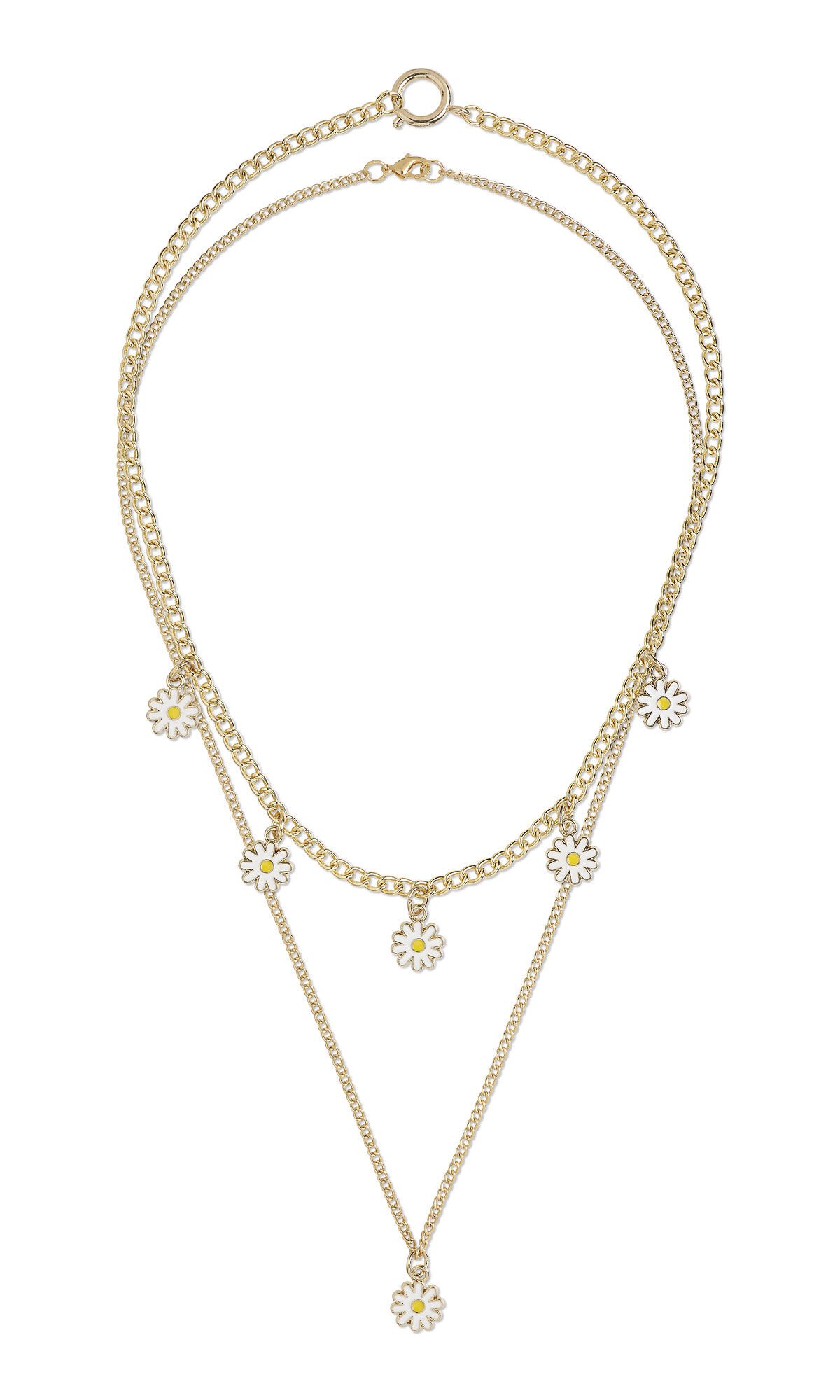 Design Idea S A 2 N - Long gold chain has a single white and yellow daisy charm. Short chain necklace has five daisy charms spaced at intervals.