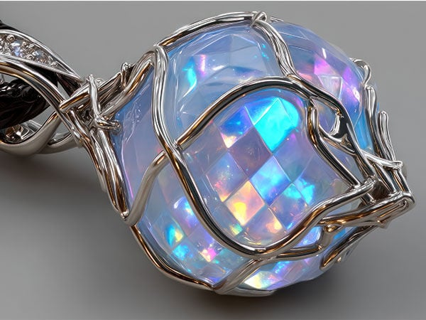 Large faceted opalite gemstone in a wire cage pendant on black cord