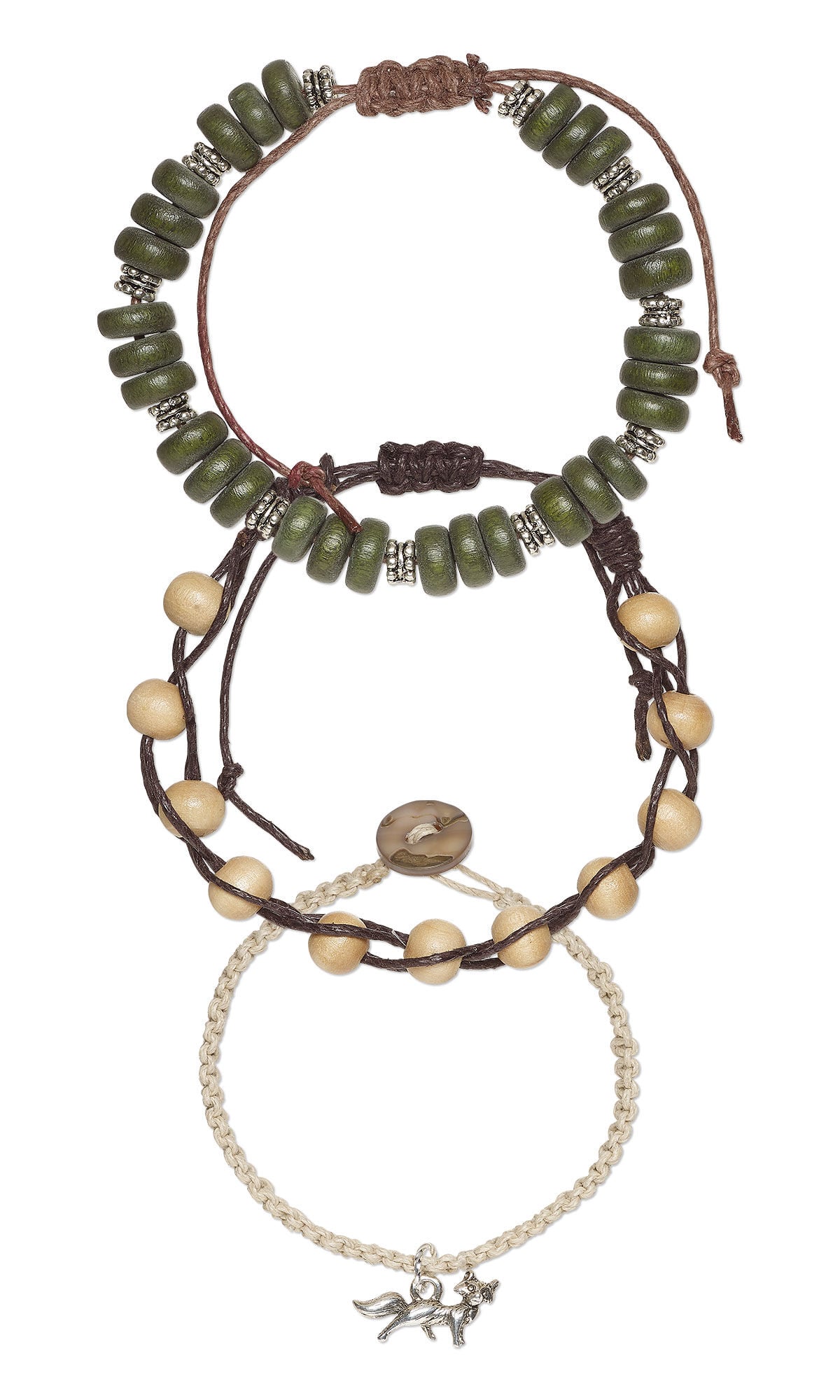 Design Idea S G 2 C: Three bracelets. The first has black cord loosely macram&eacute;d and holding round tan beads all along its length. The second is tan macram&eacute; and has an antique silver-plated fox charm. The third has dark green wood beads and antiqued pewter rondelle beads.