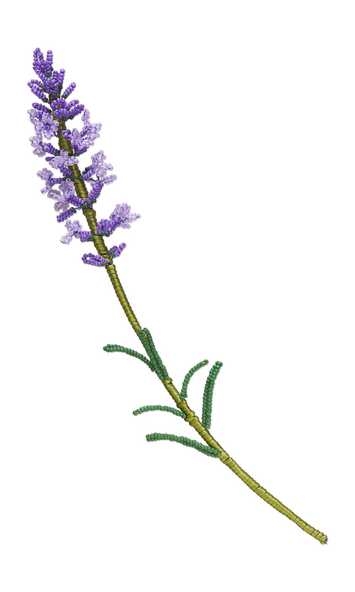 Design Idea R G 3 J - Sprig of lavender made from purple and green seed beads on floral tape-wrapped wire