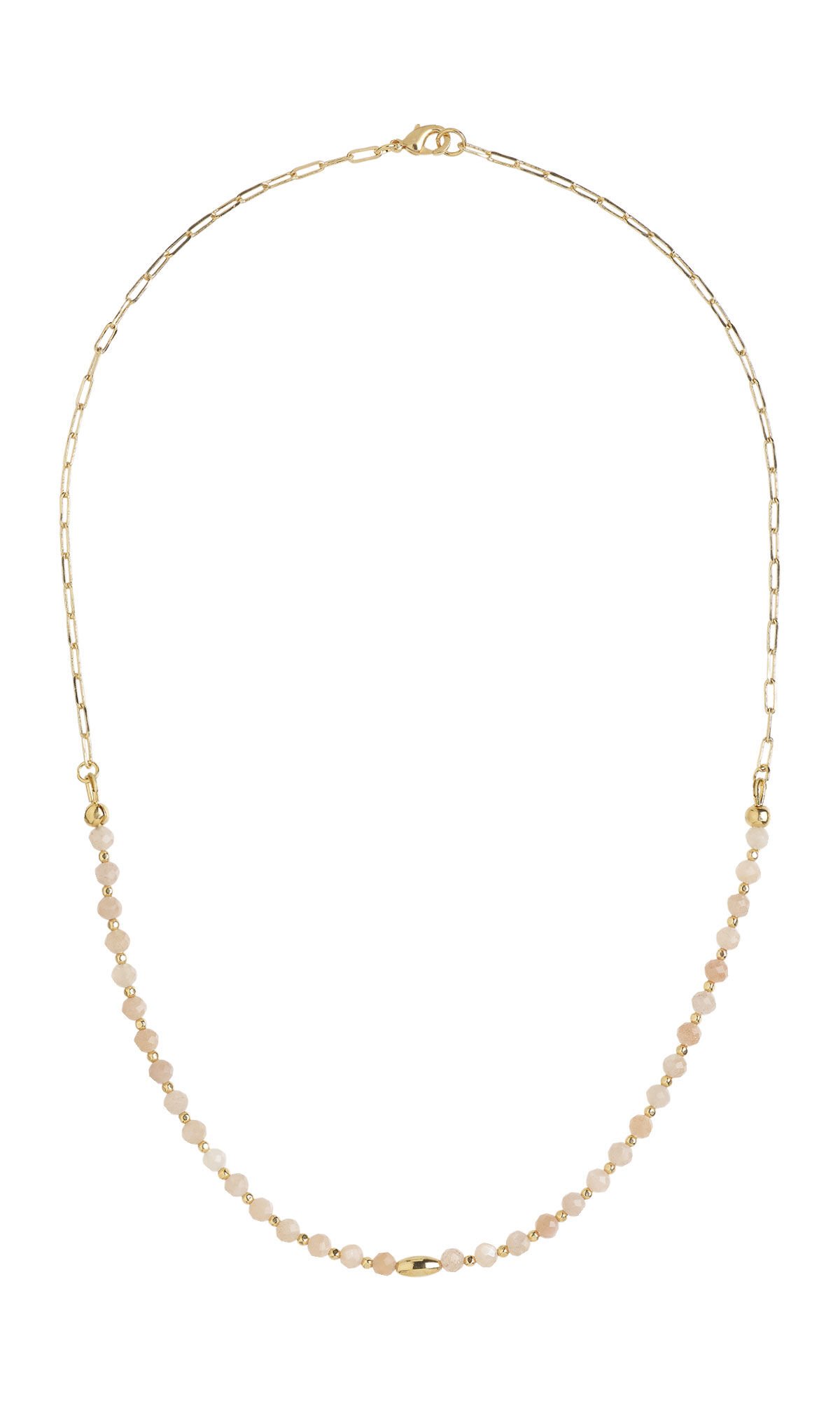 Design Idea S D 2 3 &ndash; Necklace has pale pink gemstone beads on either side of a gold oval bead. The back of the necklace is chain.