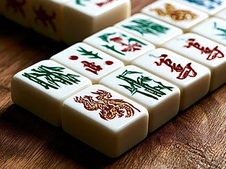 Traditional white mahjong tiles with colorful symbols arranged on a wooden surface. 