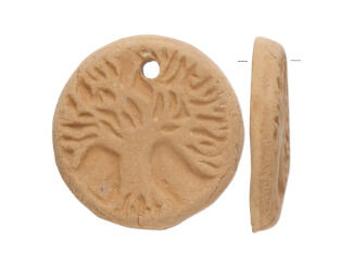 Pendant is a flat disc of light brown clay with a tree image in it.