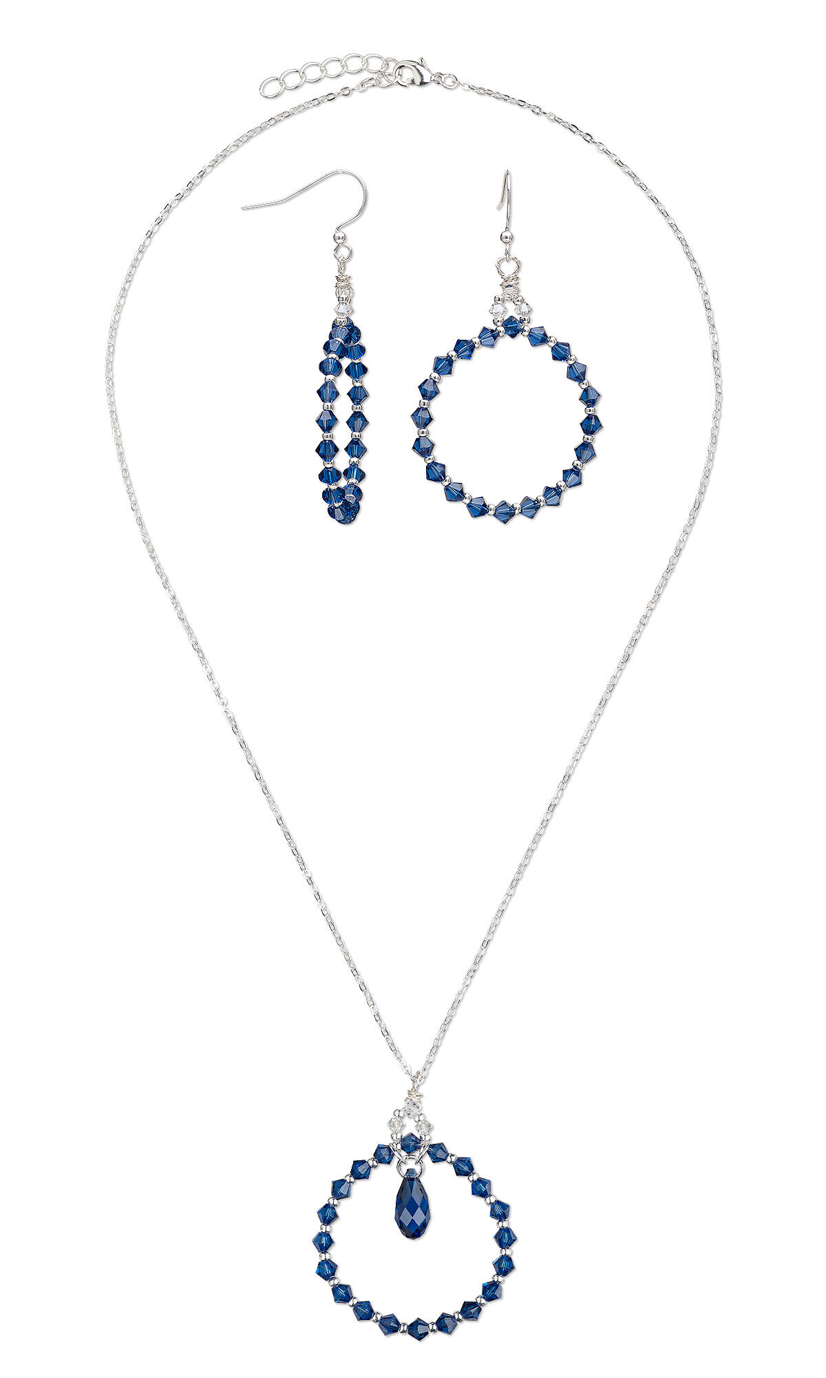 hoop earrings and chain necklace with blue crystal beads