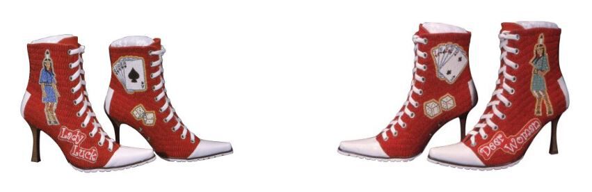 red high heeled shoes with beaded images