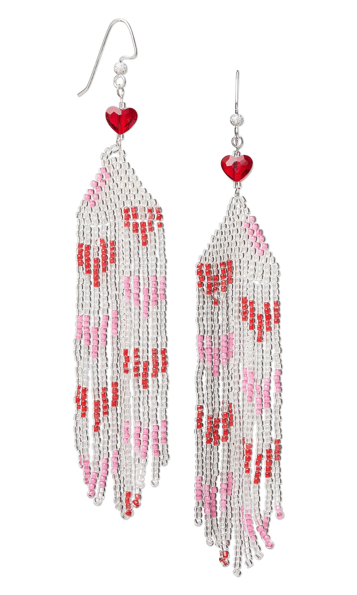 Design Idea S M 2 6 &ndash; Silver-plated fishhook earrings each have a stardust silver-plated ball at the top, then a clear red heart bead. Beneath that, strands of seed beads make a fringe with a pattern of pink and red hearts on a clear background.