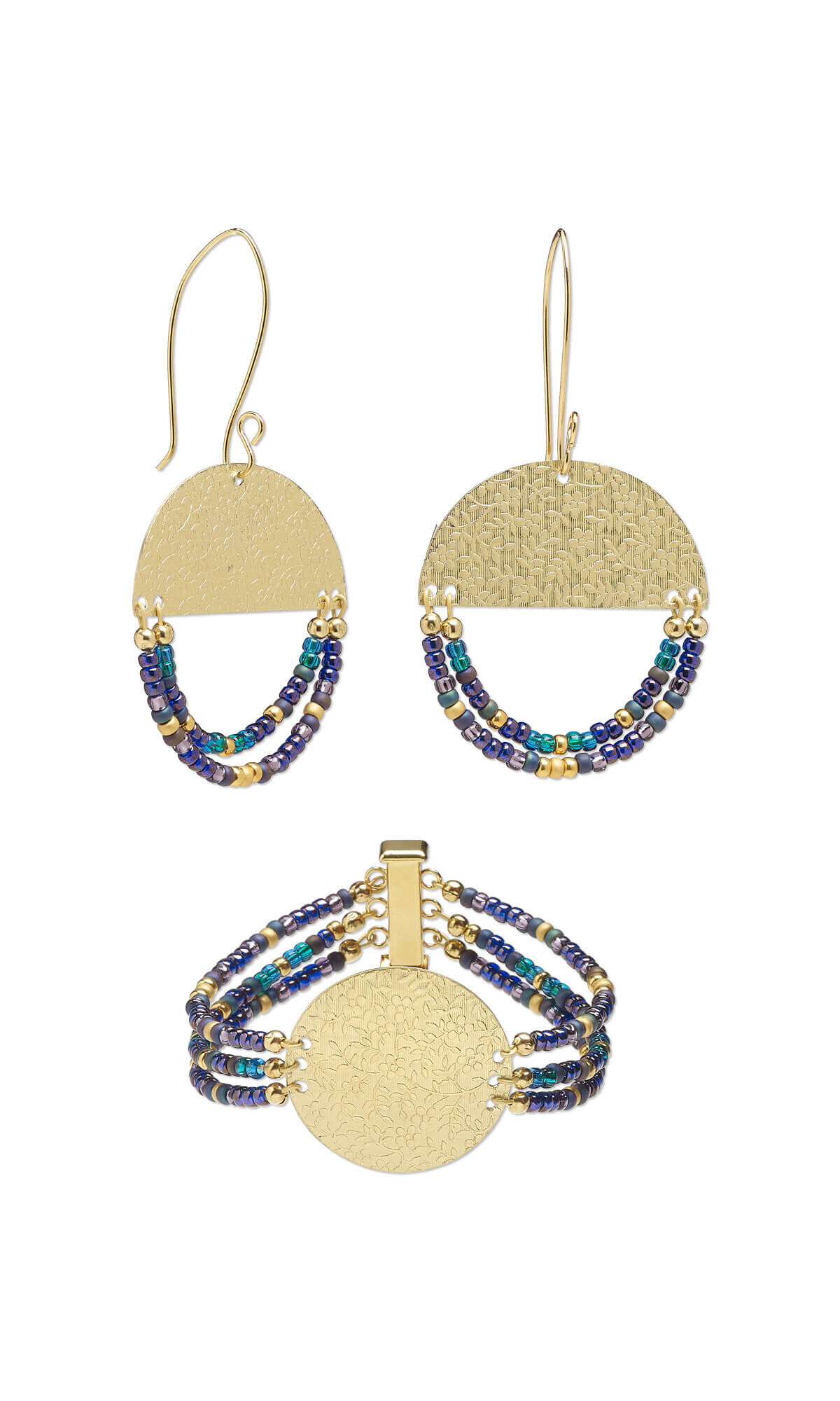 Earrings and a bracelet made of textured metal and seed beads