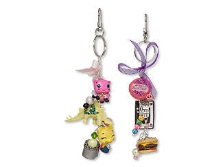 Design Idea S G 2 M - Two purse charms featuring nostalgic dangles including polymer clay cassette tape, cheeseburger and bubblegum, brightly colored beads and small, colorful toys. Each purse charm has a ribbon bow at the top.
