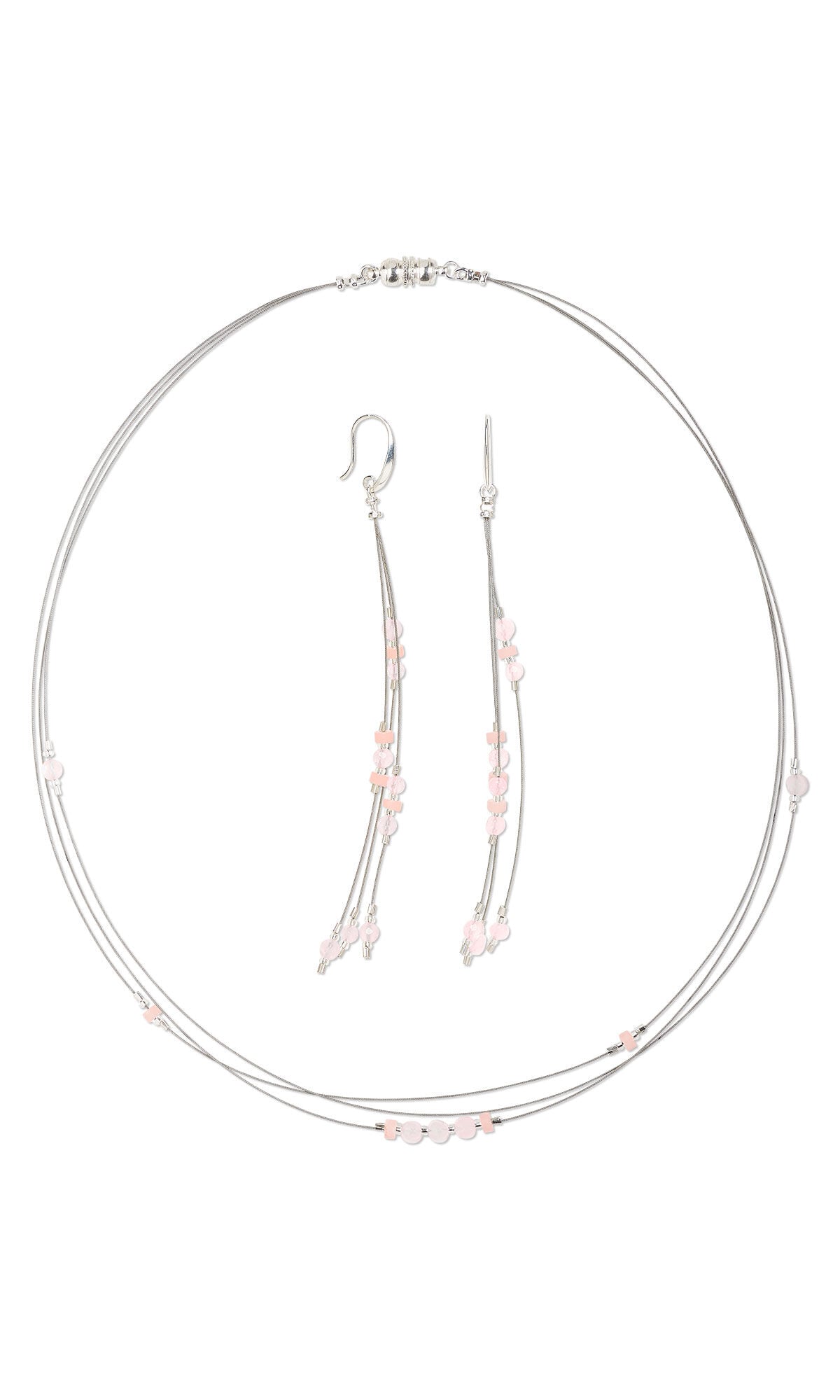 Design Idea S D 3 J &ndash; Necklace and earrings made with Accu-Flex beading wire, Miyuki seed beads, rose quartz and pink opal beads.