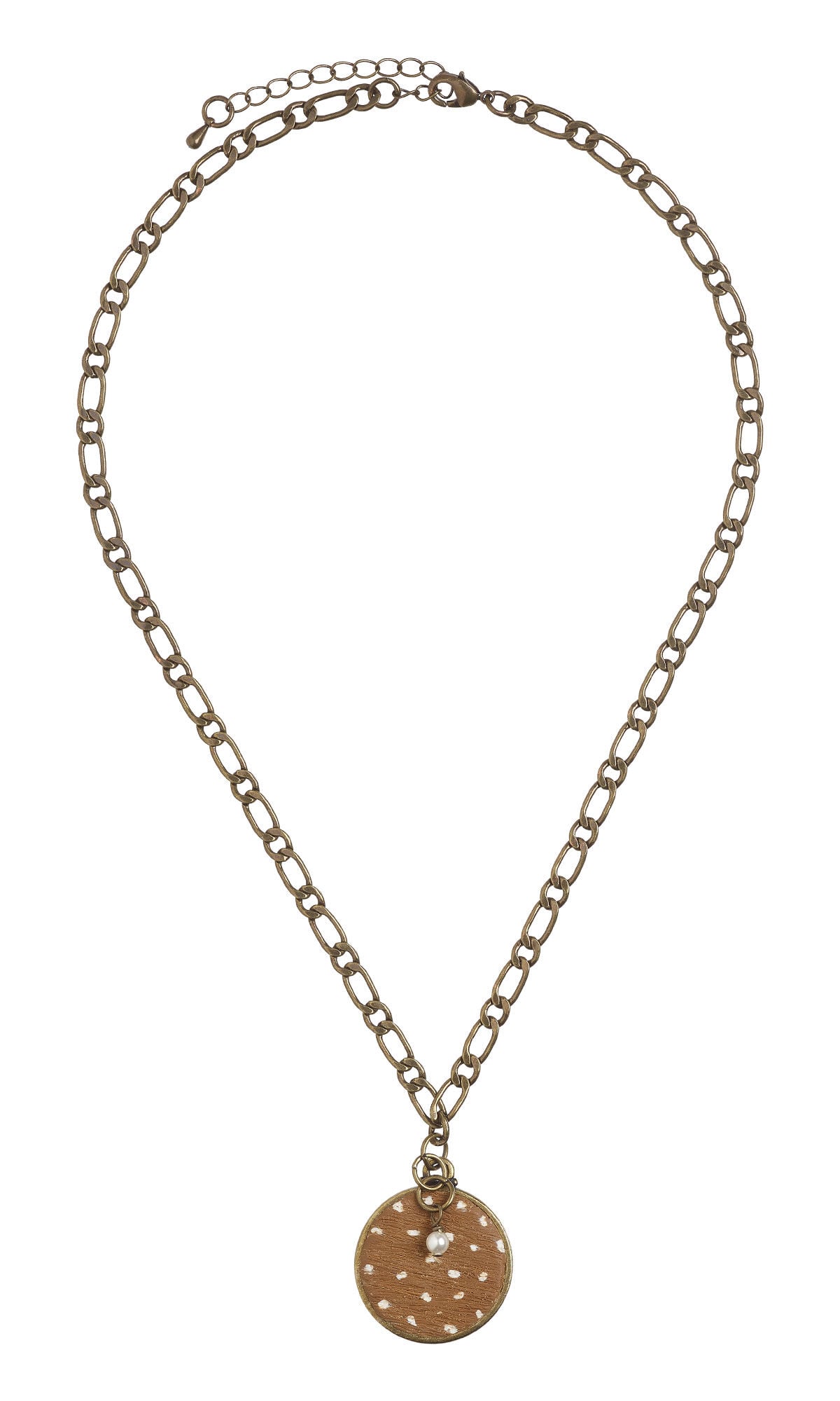 Design Idea S G 2 9 &ndash; Dark chain necklace with large links has a round, brown polymer clay pendant with white spots like a fawn&rsquo;s coat. A white crystal pearl dangles from a link in front of the clay drop.