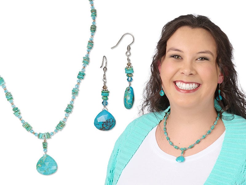 Model wearing a necklace and earrings with turquoise gemstones