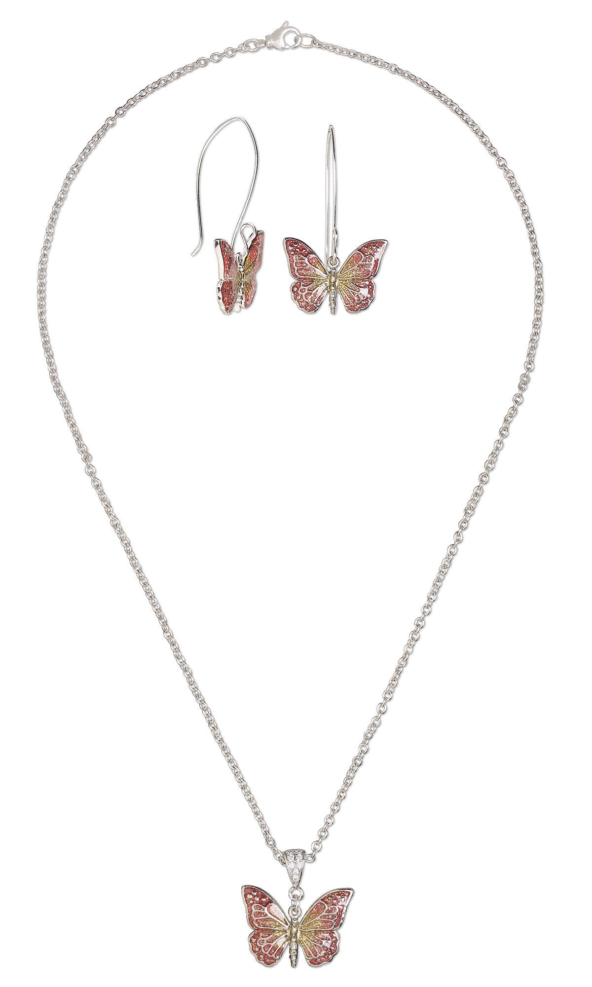 Design Idea S A 2 P &ndash; silver chain necklace features a pink and yellow butterfly charm. Earrings match.