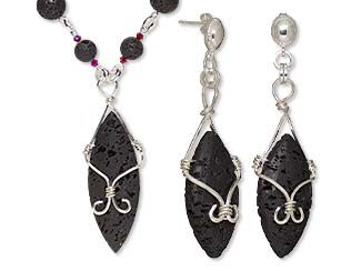 Image of lava rock necklace and earrings that have been wireworked