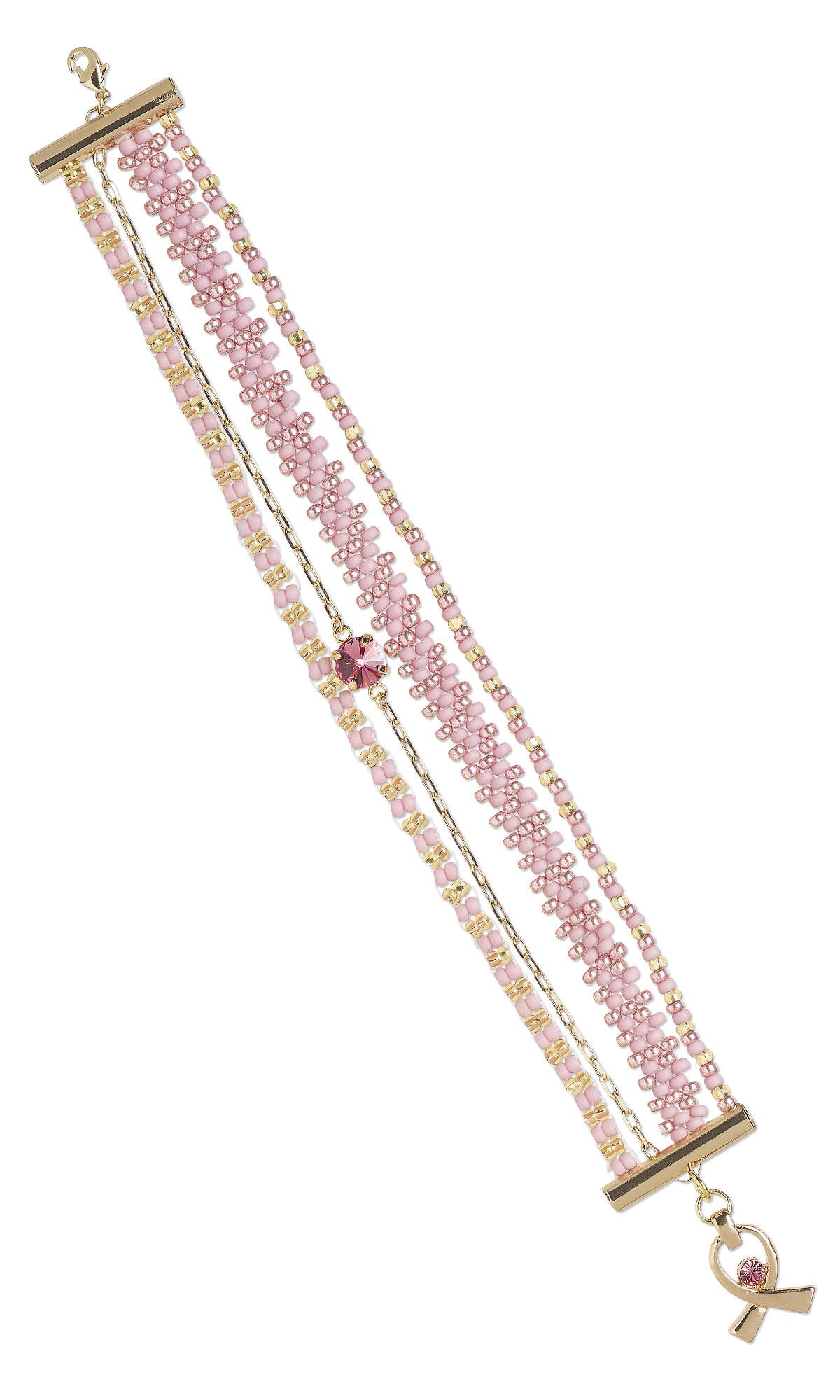 Design Idea S K 2 D &ndash; Multiple strand bracelet has pink woven seed beads, strung seed beads, and a chain strand with a pink crystal gemstone. The strands are linked by a gold-finished tube end bar.