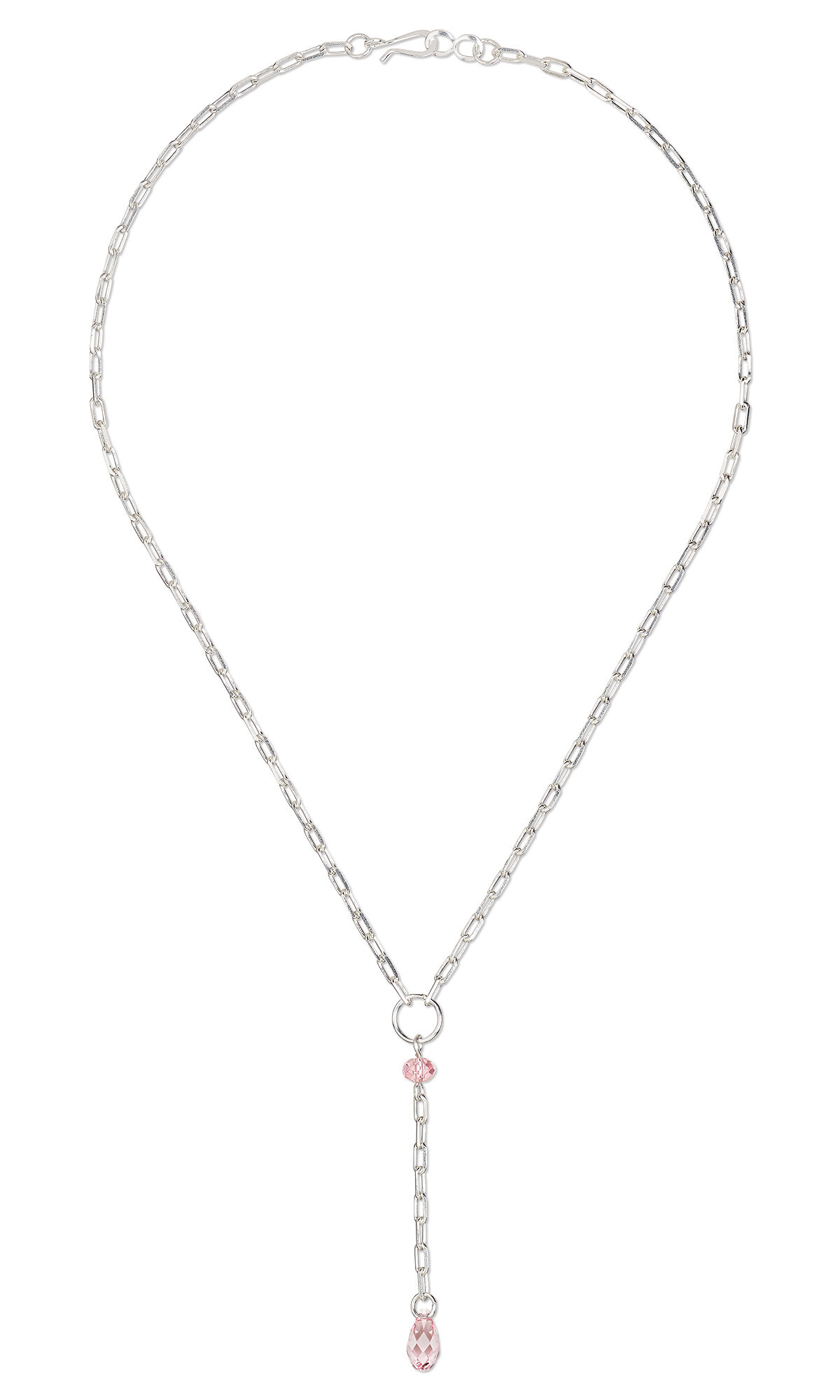 chain lariat style necklace with pink crystal beads