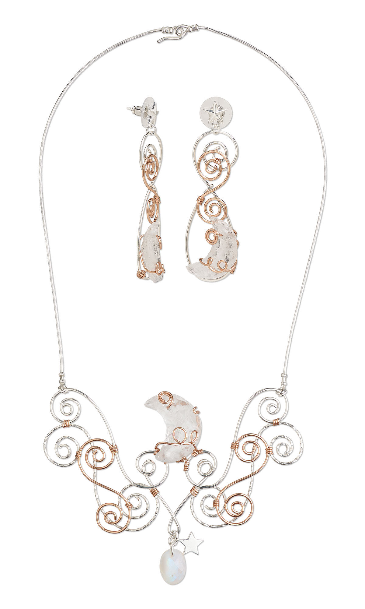 Design Idea R N 2 F &ndash; Necklace has a large focal composed of intricate, symmetrical swirls of silver and copper wire. A clear quartz crescent moon is at the center top of the wire swirls. A clear gemstone point is centered below the wire swirls. The earrings have star earstuds with swirls of silver and copper wire and a quartz crystal moon at the bottom.