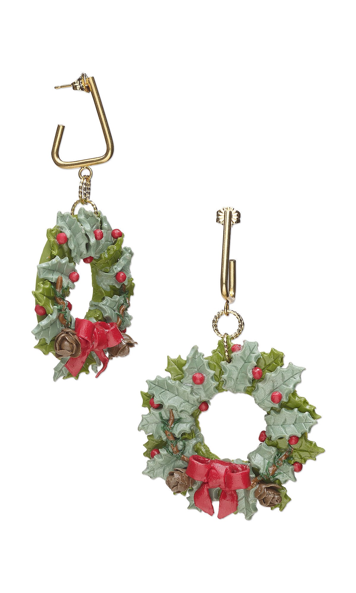 Design Idea S F 2 2 &ndash; Each earring is a wreath of tiny polymer clay holly leaves and berries, with a red clay bow.