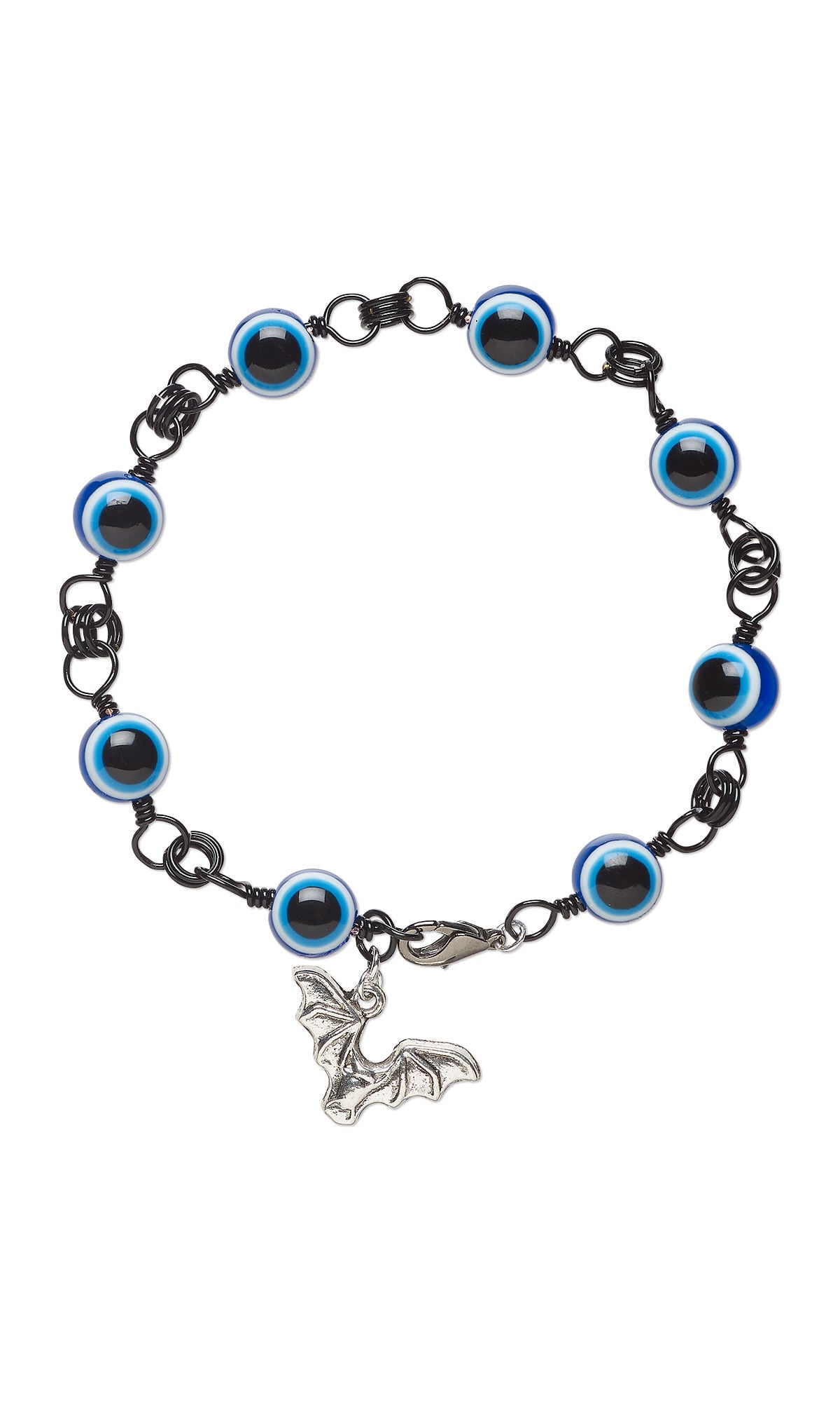 Design Idea S K 2 A &ndash; Bracelet has blue beads that look like eyes connected by black wire. A silver bat charm dangles near the clasp.