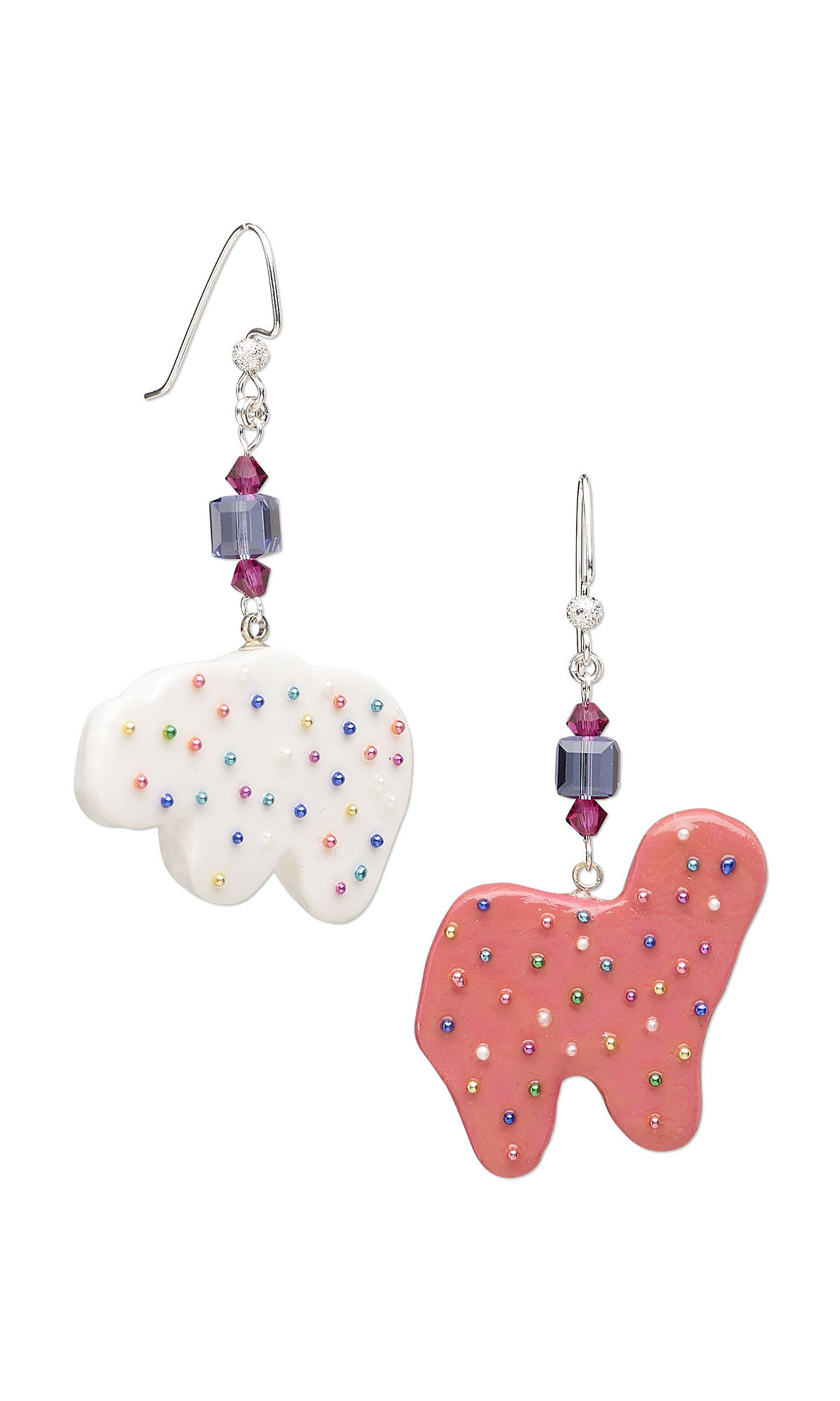 Polymer clay animal cracker earrings S B 2 U in pink and white with colorful sprinkle details, accented by faceted purple crystal beads and finished with silver ear wires.