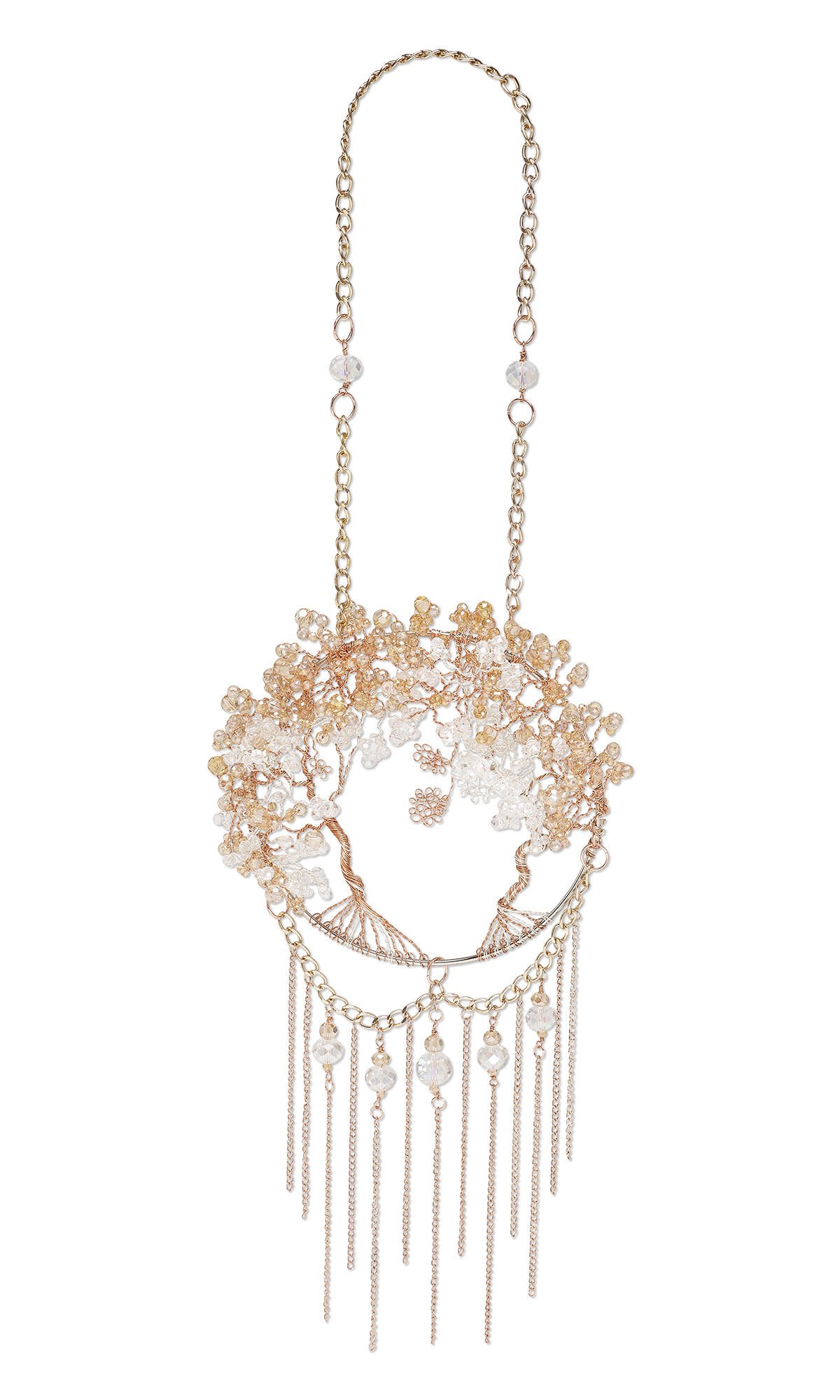Design Idea S E 2 8 &ndash; Suncatcher features a circular copper wire frame wrapped with clear crystals and tree-inspired wire details, finished with dangling copper chain fringe and suspended from a looped wire hanger.