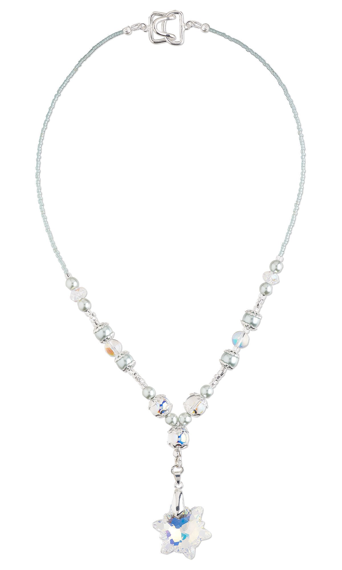 Design Idea S F 2 T &ndash; Necklace features clear and silver beads of varying sizes and shapes. The necklace is a Y shape, with a clear crystal flower drop at the bottom of the Y.