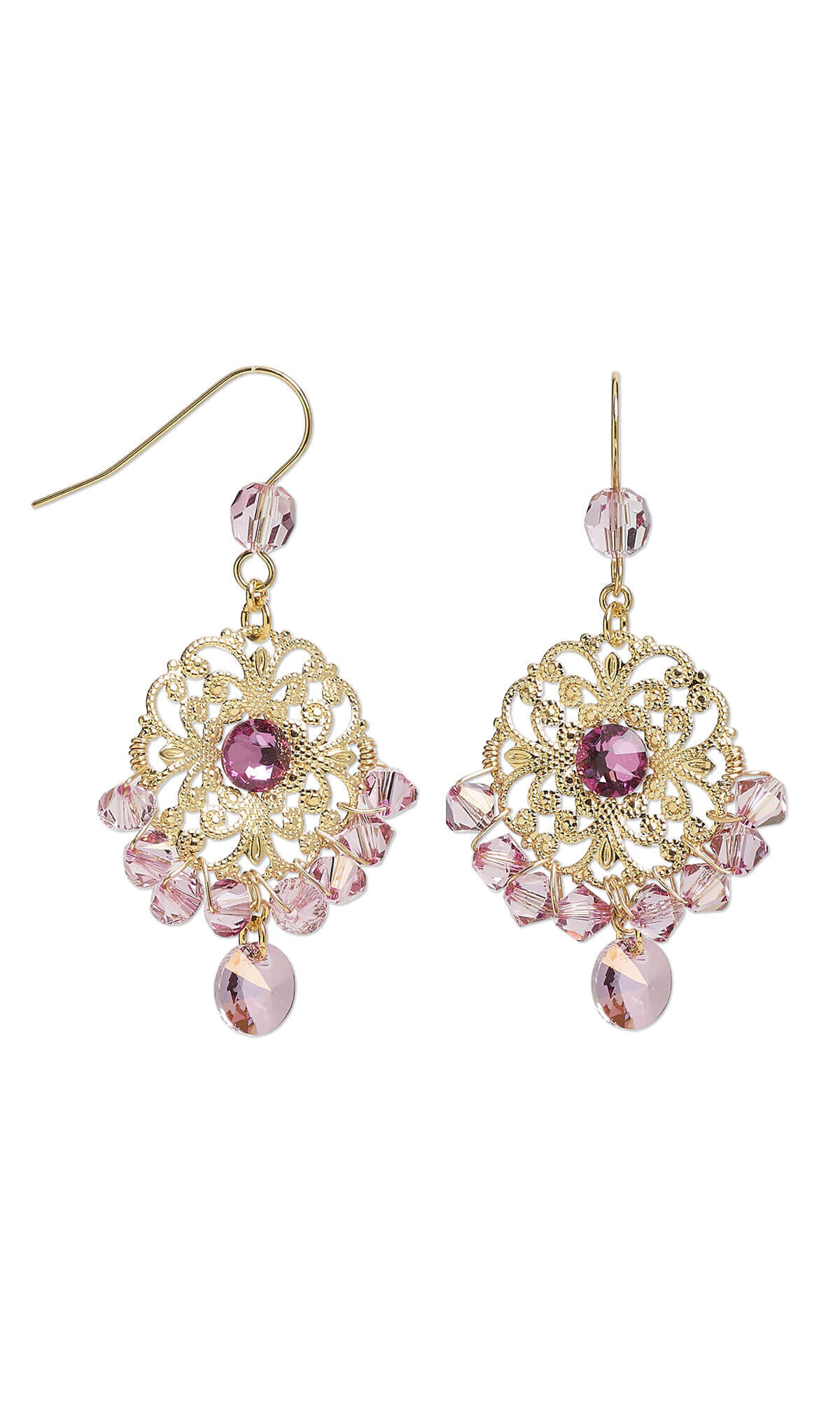 Earrings with pink crystal beads and gold filigree