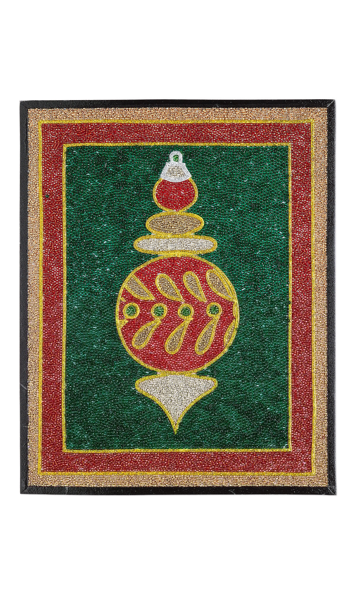 Bead mosaic shows a round Christmas ornament with pointed ends depicted in gold, red and green seed beads.