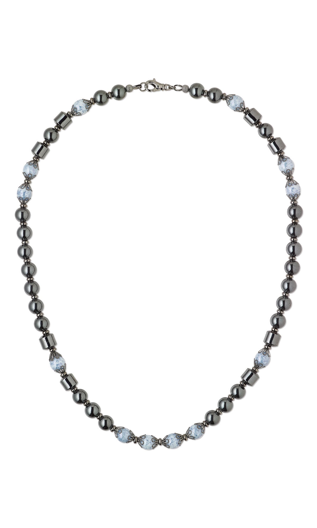 Design Idea S E 2 5 &ndash; Hemalyke 1-strand necklace made with Czech glass druk beads, gunmetal-plated bead caps and findings on Accu-Flex beading wire