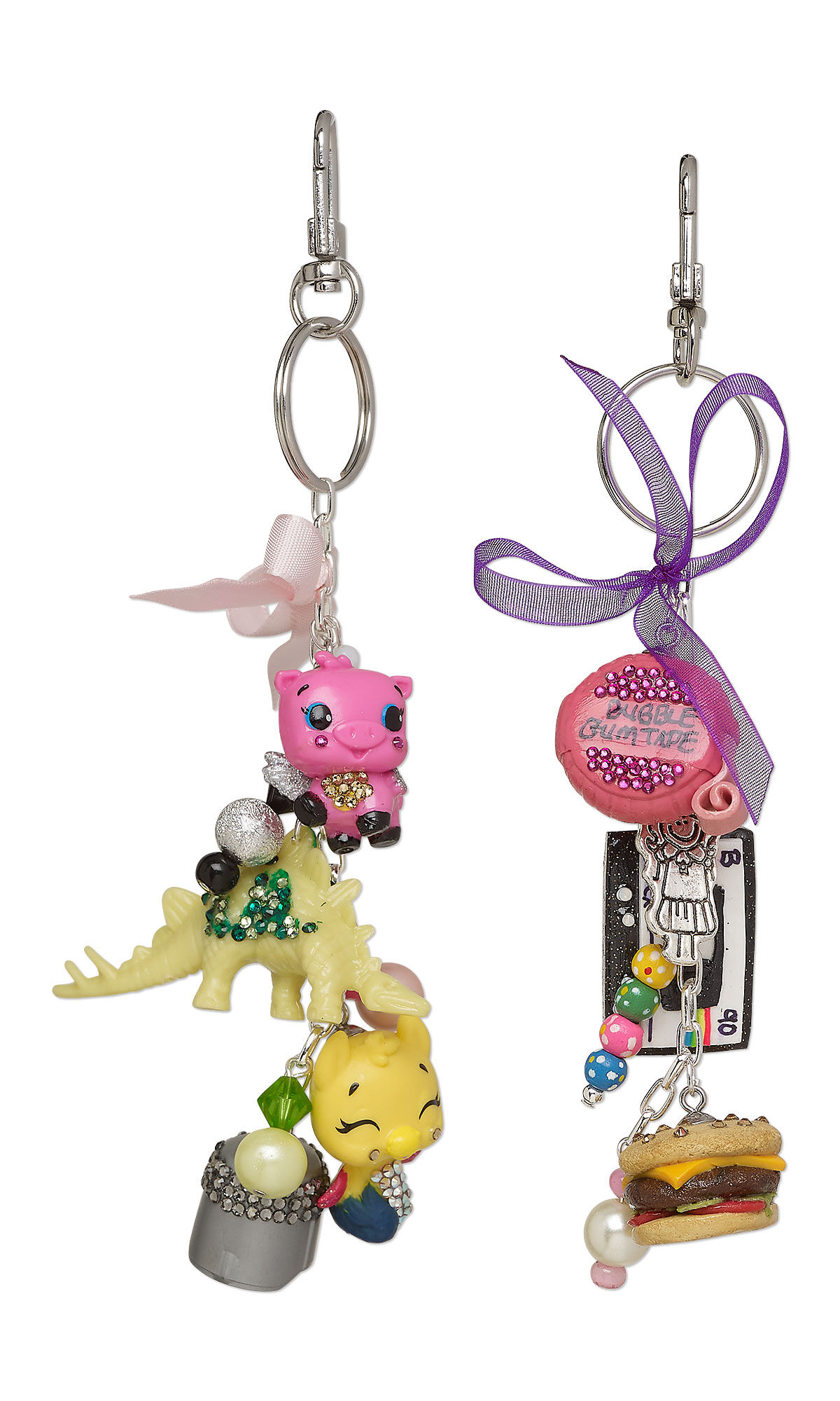Design Idea S G 2 M &ndash; Two purse charms featuring nostalgic dangles including polymer clay cassette tape, cheeseburger and bubblegum, brightly colored beads and small, colorful toys. Each purse charm has a ribbon bow at the top.