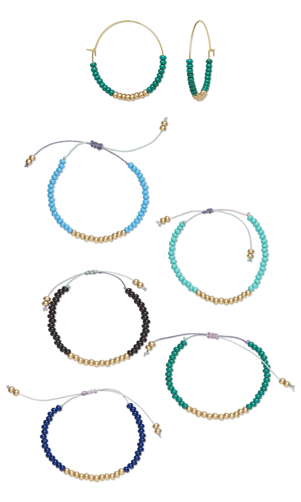 hoop earrings and five bracelets with seed beads