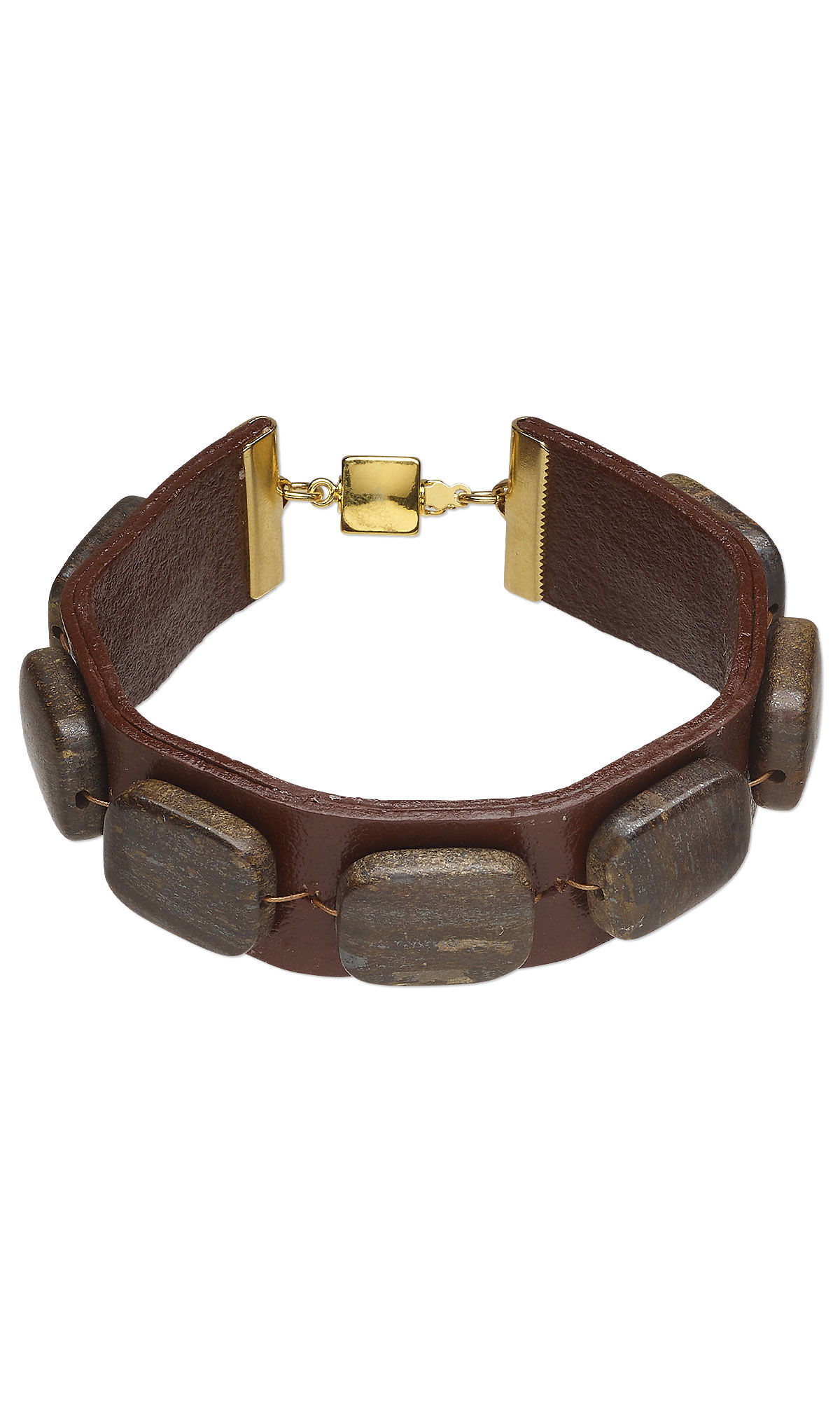 Design Idea R G 2 Q - Wide leather bracelet has large rectangular brown bronzite gemstones all along its length.