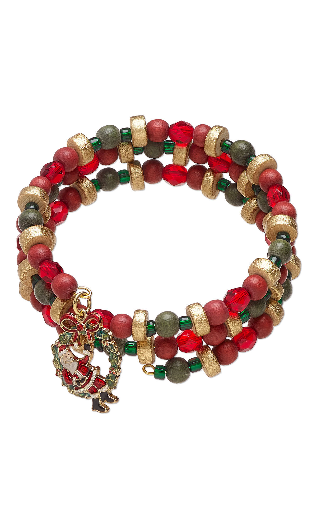 bracelet of red, green and gold wooden beads with a santa charm