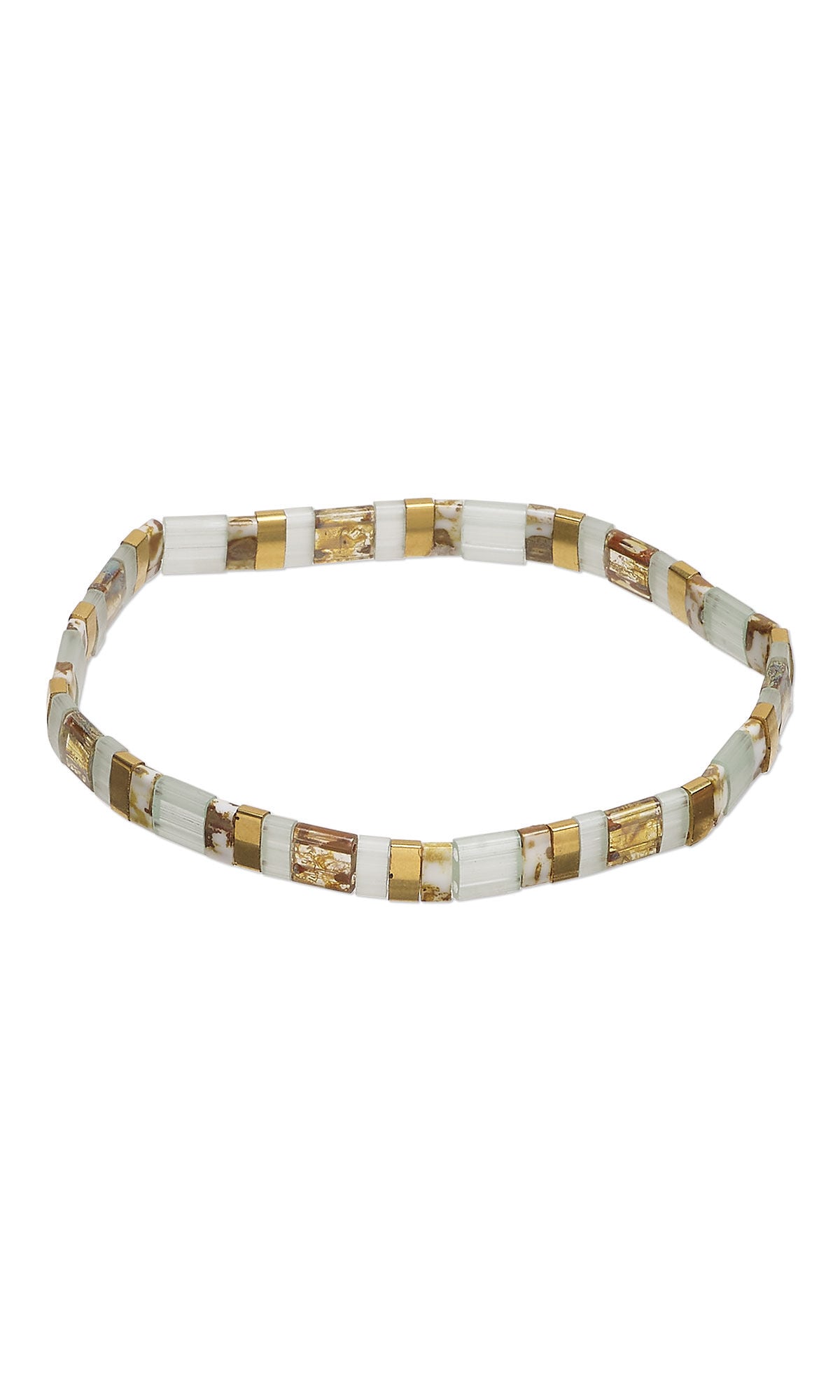 Design Idea S F 2 J, a stretch bracelet featuring alternating TILA&reg; full tila square and half tila rectangle seed beads in translucent Picasso light amber, silk luster mint green, antique white and opaque 24Kt gold-plated finishes strung on clear Powercord&reg; elastic.