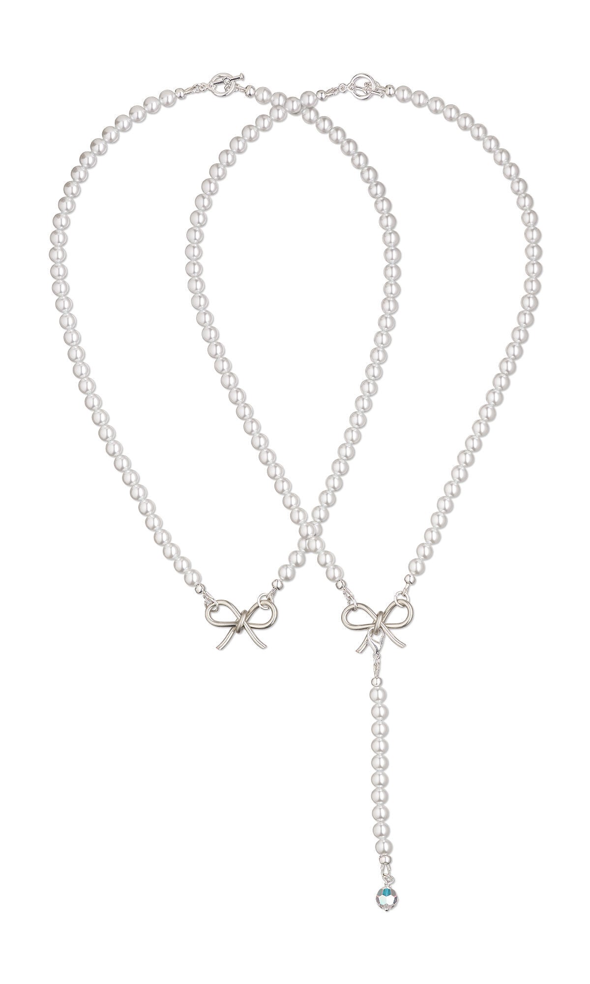 Design Idea S H 2 9 &ndash; Off-white pearl necklace has a silvery wire bow at the center. An optional long pearl dangle can be attached to the bow for the look of a lariat necklace.