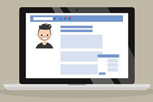 Graphic of a Facebook profile displayed on a laptop computer