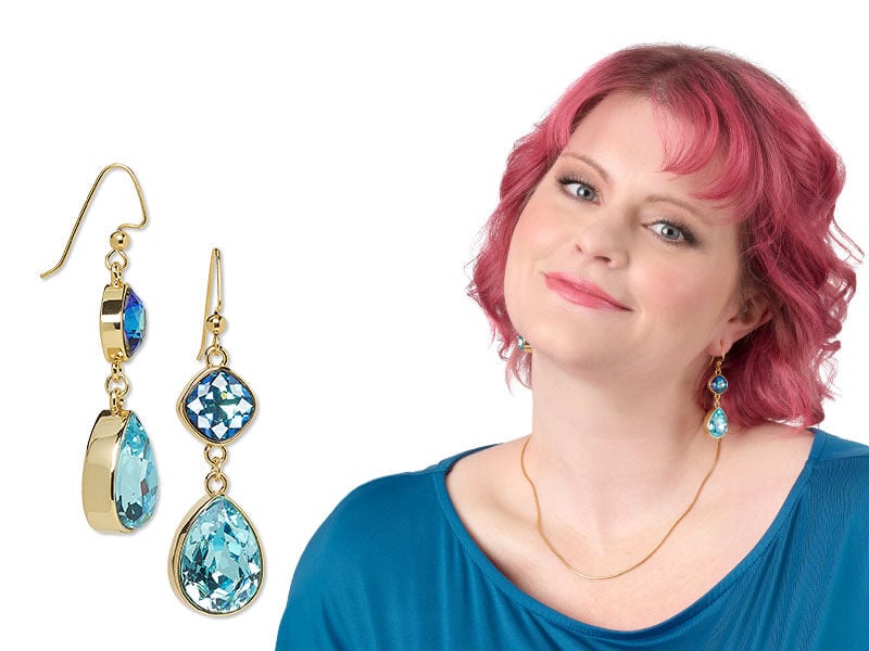 Model wearing earrings made with preciosa crystal