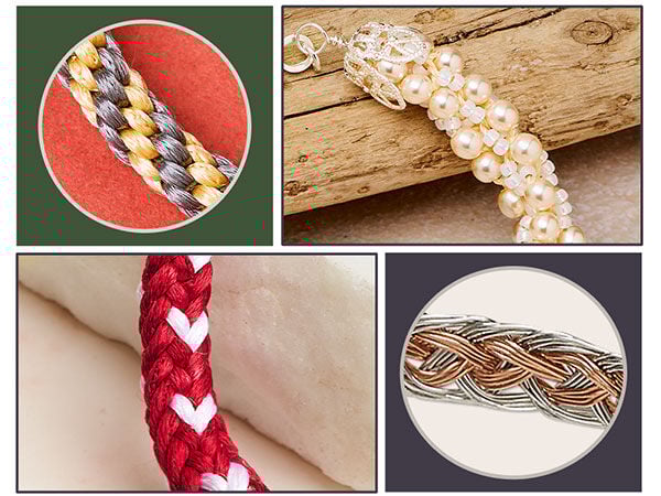 Four image tiles each show a Kumihimo bracelet in a different setting