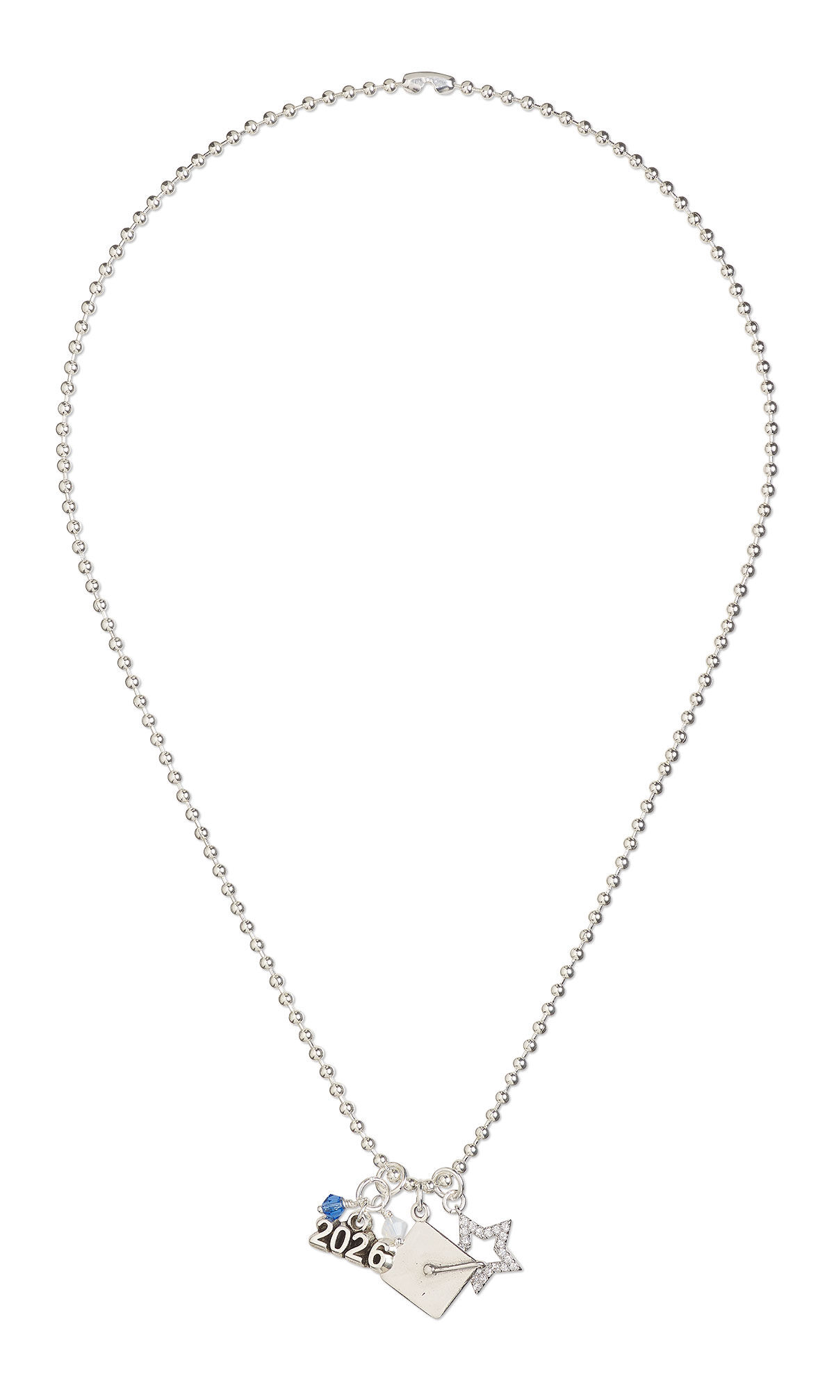 Design Idea S F 2 4 &ndash; Silver ball chain necklace has three silver graduation charms&mdash;a cap, a star and &ldquo;2026&rdquo;&mdash;as well as white and blue crystal bicone beads.