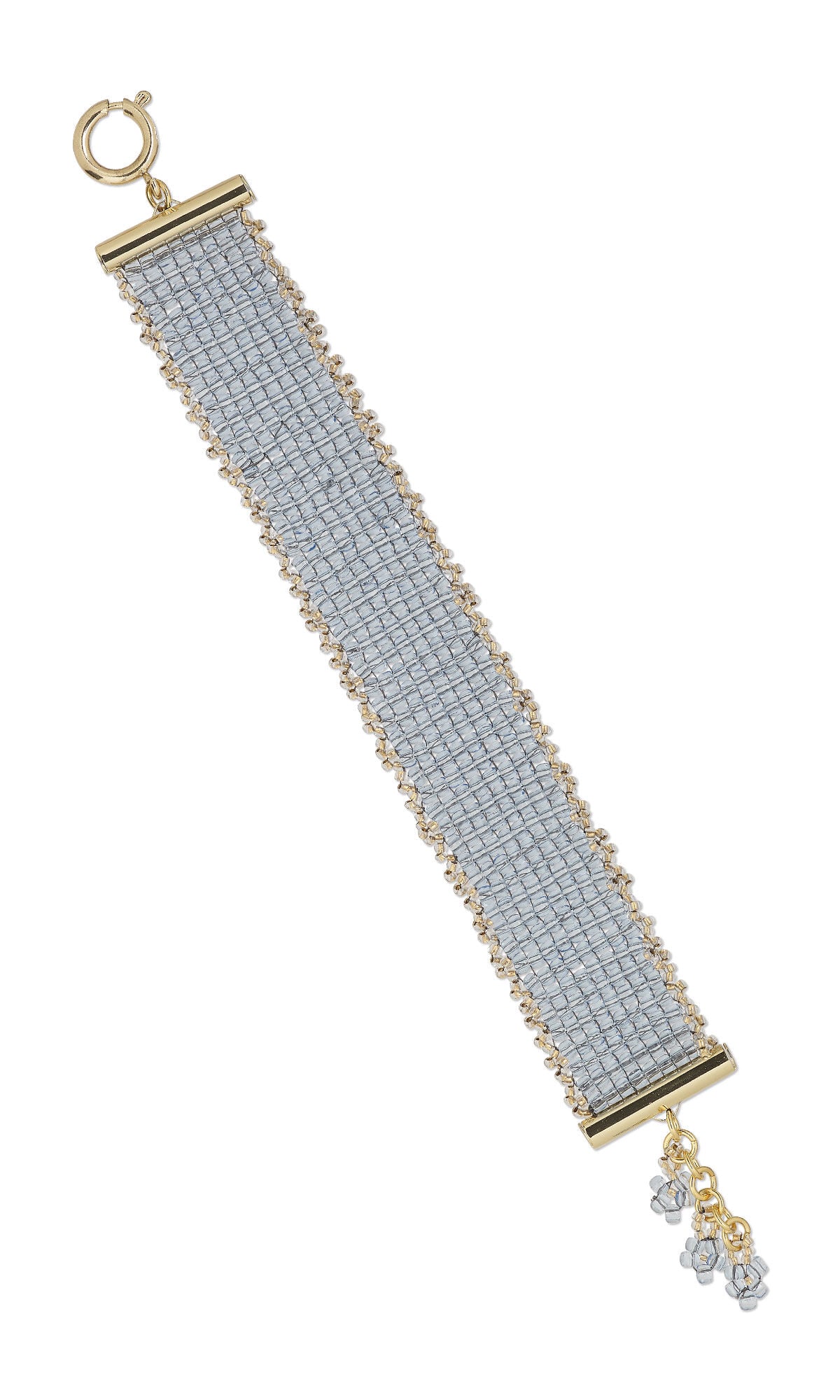 Design Idea S F 2 M, a bracelet featuring transparent light blue Dyna-Mites&trade; seed beads woven in square stitch with transparent metallic bronze-lined Preciosa Ornela Czech seed beads, finished with gold-finished end bars and a spring ring clasp.
