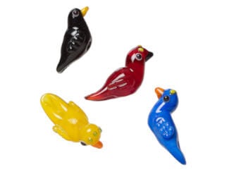 Red, black, blue and yellow glass bird beads