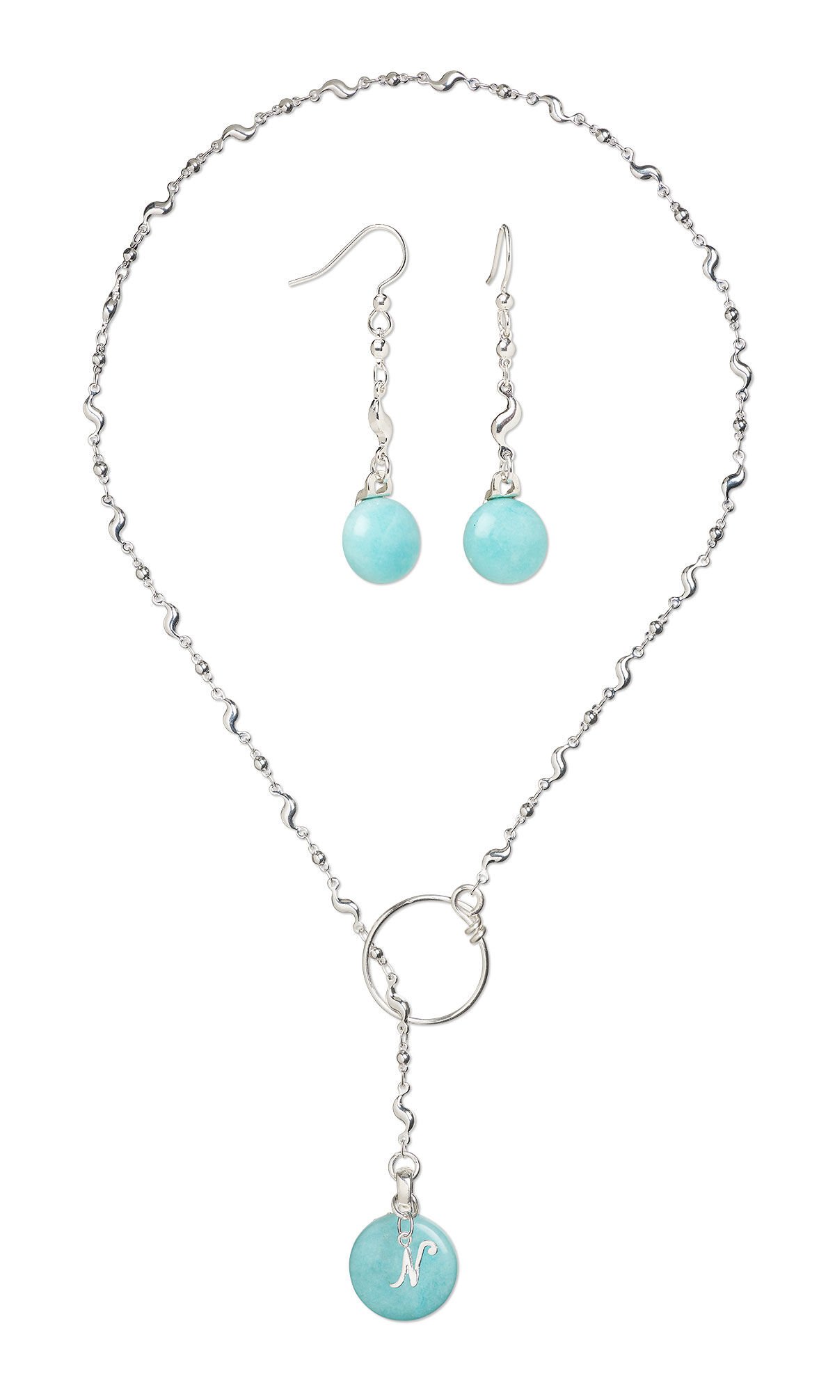 Design Idea S A 2 3 - Silver necklace chain with a bright aqua amazonite cabochon on the end threads through a circular hoop to form the lariat shape of the necklace. Dangling earrings also feature amazonite cabochons.