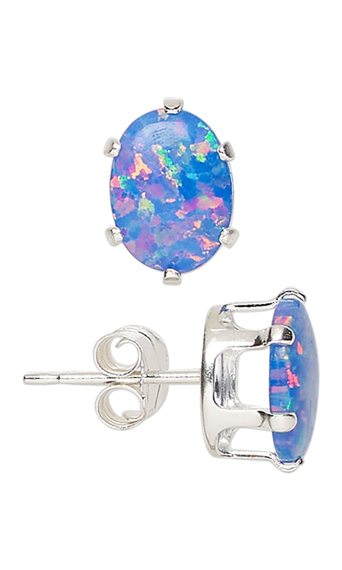 Design Idea R K 2 H - Stud earrings feature blue imitation opal stones and silver earstuds.