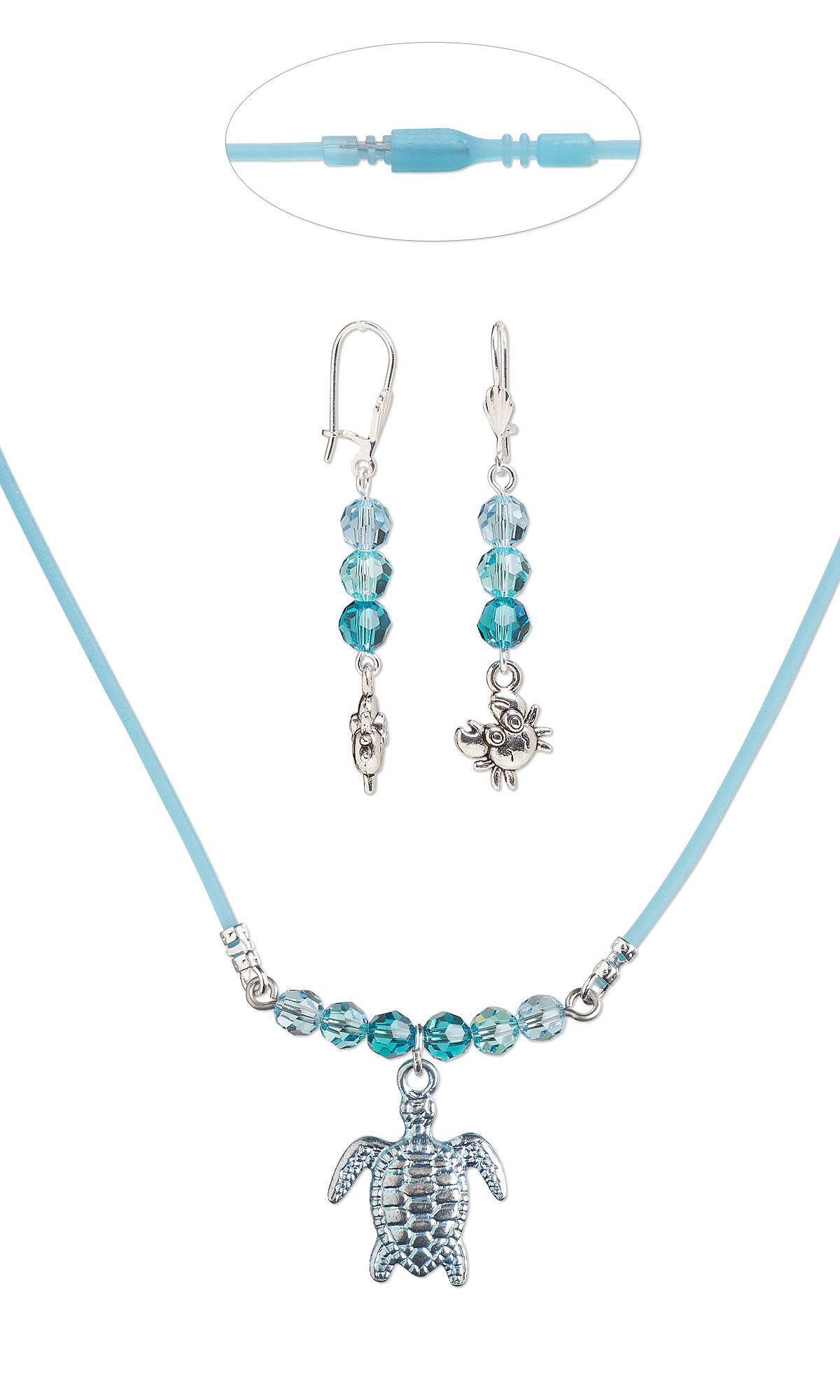 Cord necklace with blue crystal beads and turtle charm, and earrings with crystal beads and crab charms